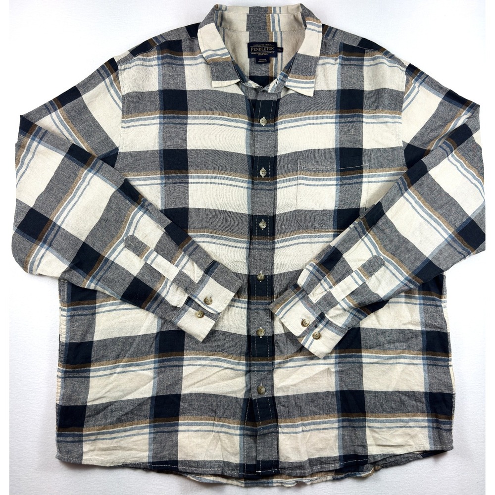 Pendleton Dawson Linen Blend Shirt Mens XXL Navy Plaid Button Up Long Sleeve